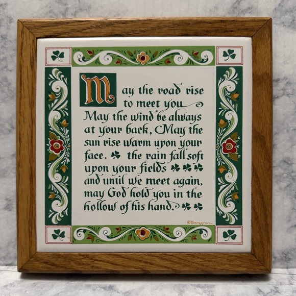 Berggren Other - Berggren Ceramic Kitchen Blessing Prayer Wood Framed Tile Trivet Irish Clover